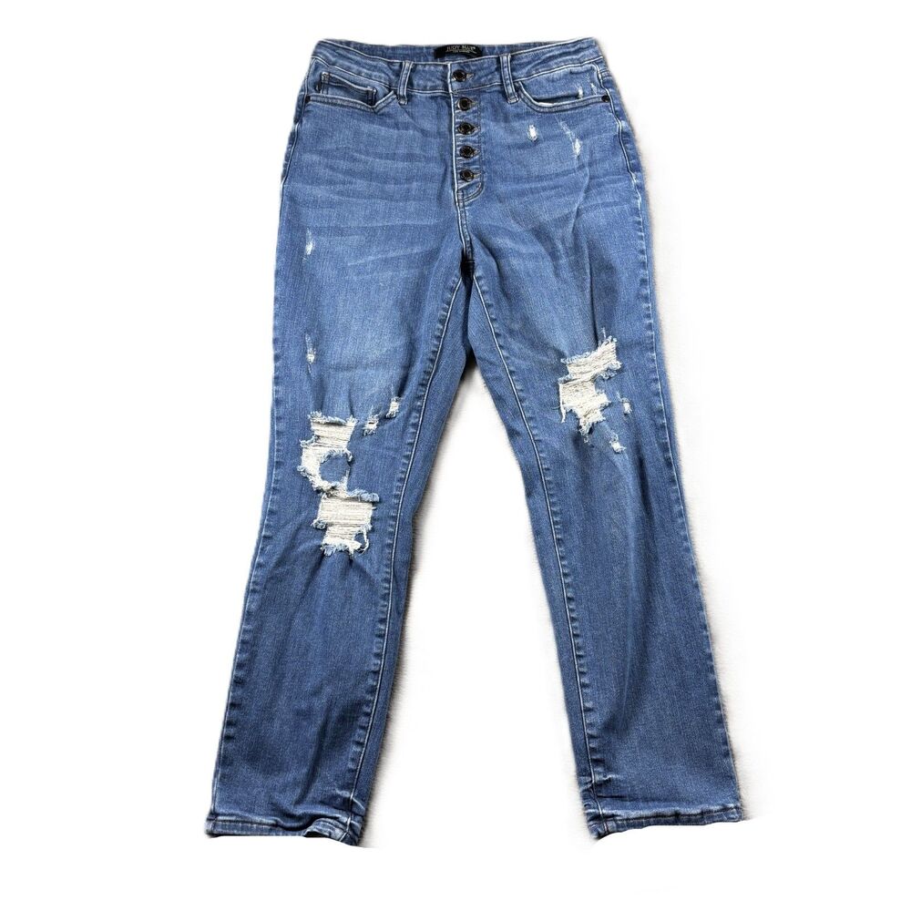Judy Blue Women Jeans Button Fly Boyfriend Distressed Medium Wash 11/30 P216